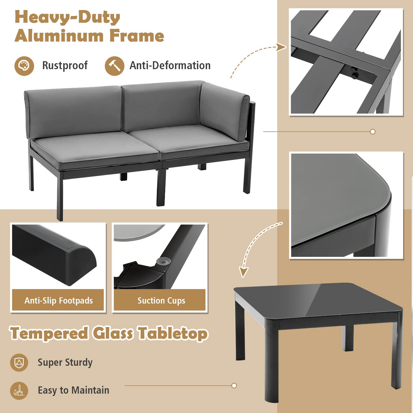 Tangkula 3 Piece Aluminum Patio Furniture Set, Patiojoy Outdoor Sectional Sofa Set with 6-Level Reclining Backrest