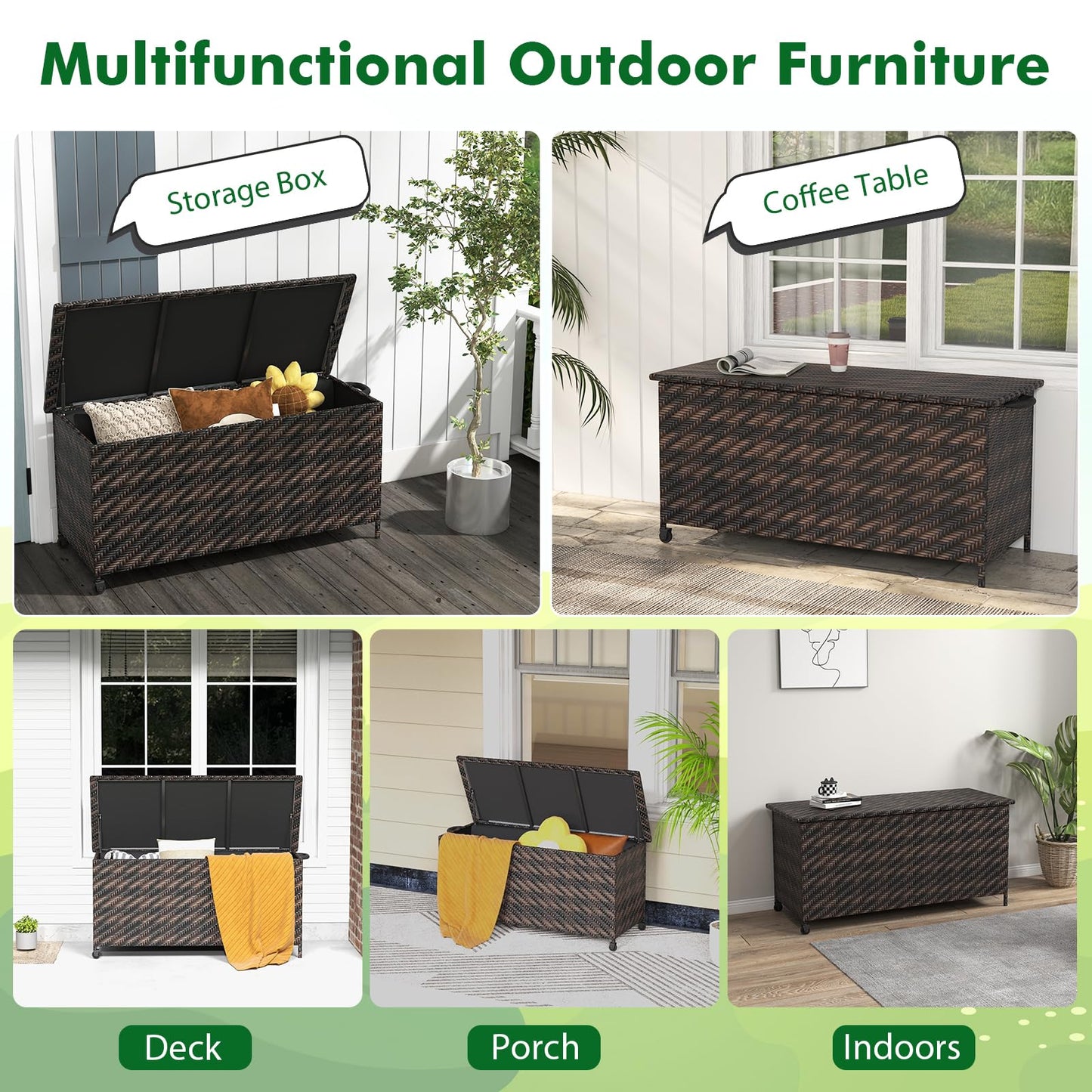 Tangkula Tightly-Woven Rattan Deck Box, Patiojoy Storage Cabinet Container with Polyester Liner, 85 Gallon Indoor Outdoor Storage Bo