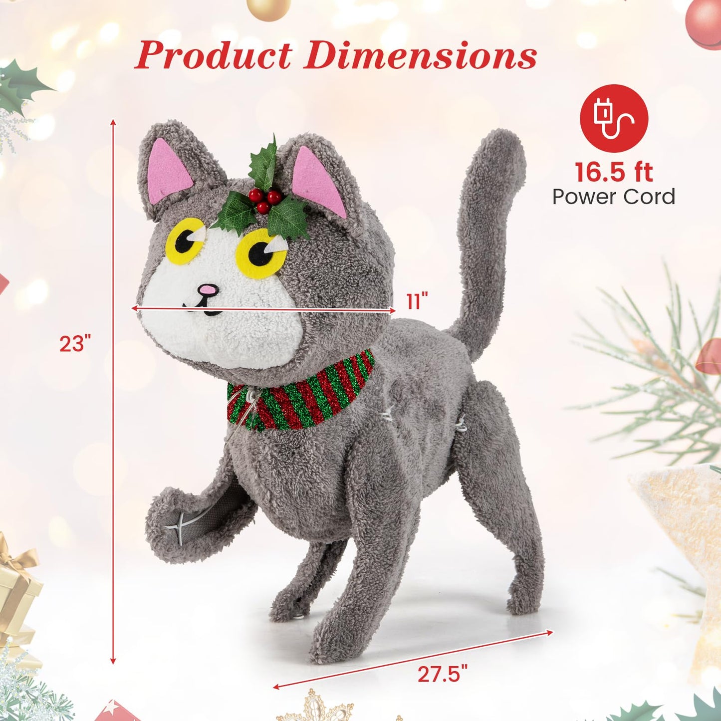 Tangkula 23 Inches Christmas Decoration Pre-lit 88 LED Light Up 3D Cute Cat with Warm White Light and Plug