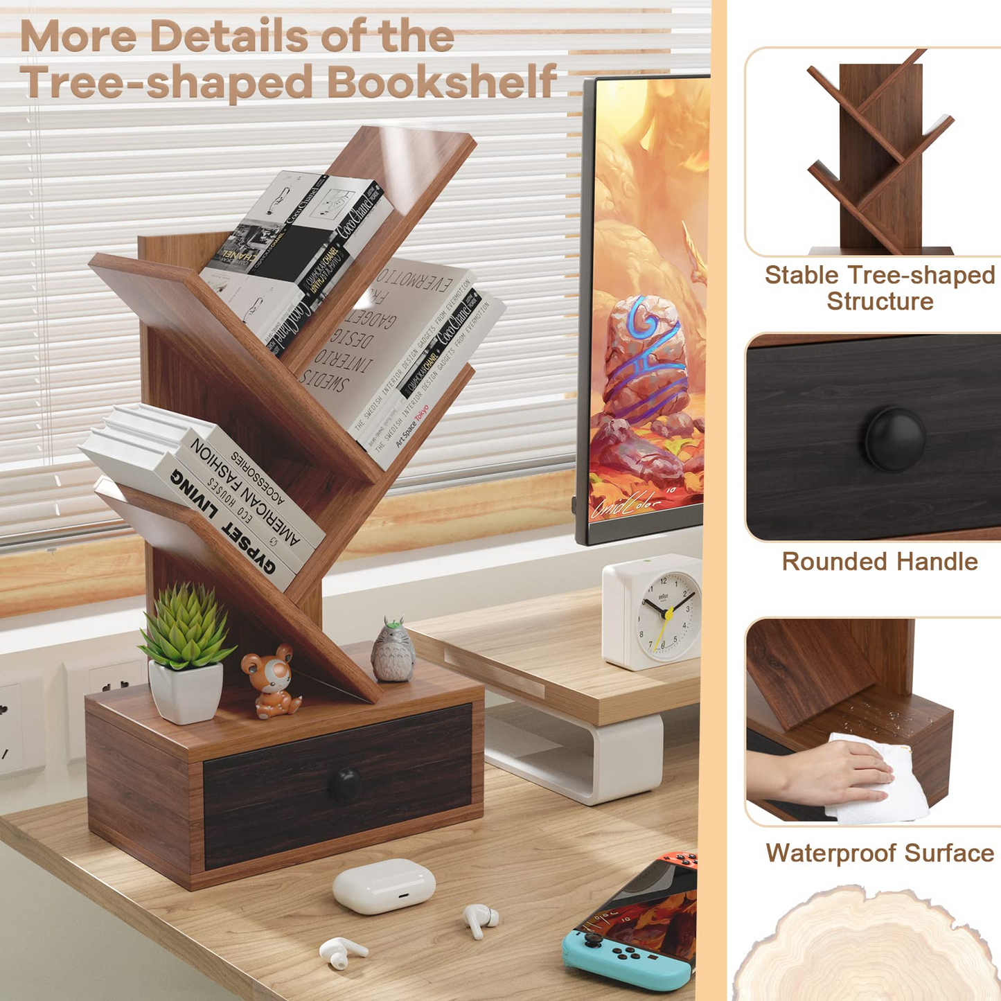 Tangkula 5 Tier Tree Bookshelf with Drawer, Rustic 5 Shelf Space Saving Corner Bookcase