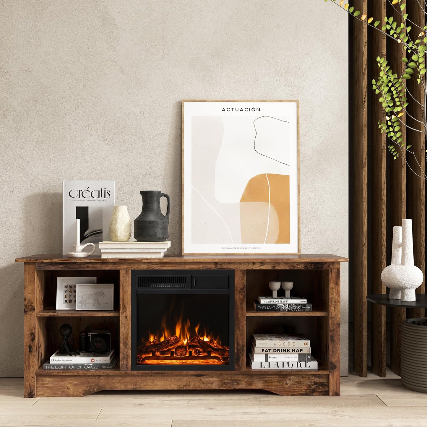 Tangkula Fireplace TV Stand for 65 Inches TV, 18” Electric Fireplace with Remote, 7-Level Brightness and 750W/1500W Heat Setting
