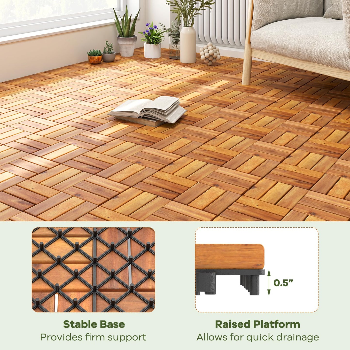 Tangkula 27 PCS Acacia Wood Interlocking Patio Deck Tiles, 12" x 12" Water-Resistant Indoor Outdoor Flooring