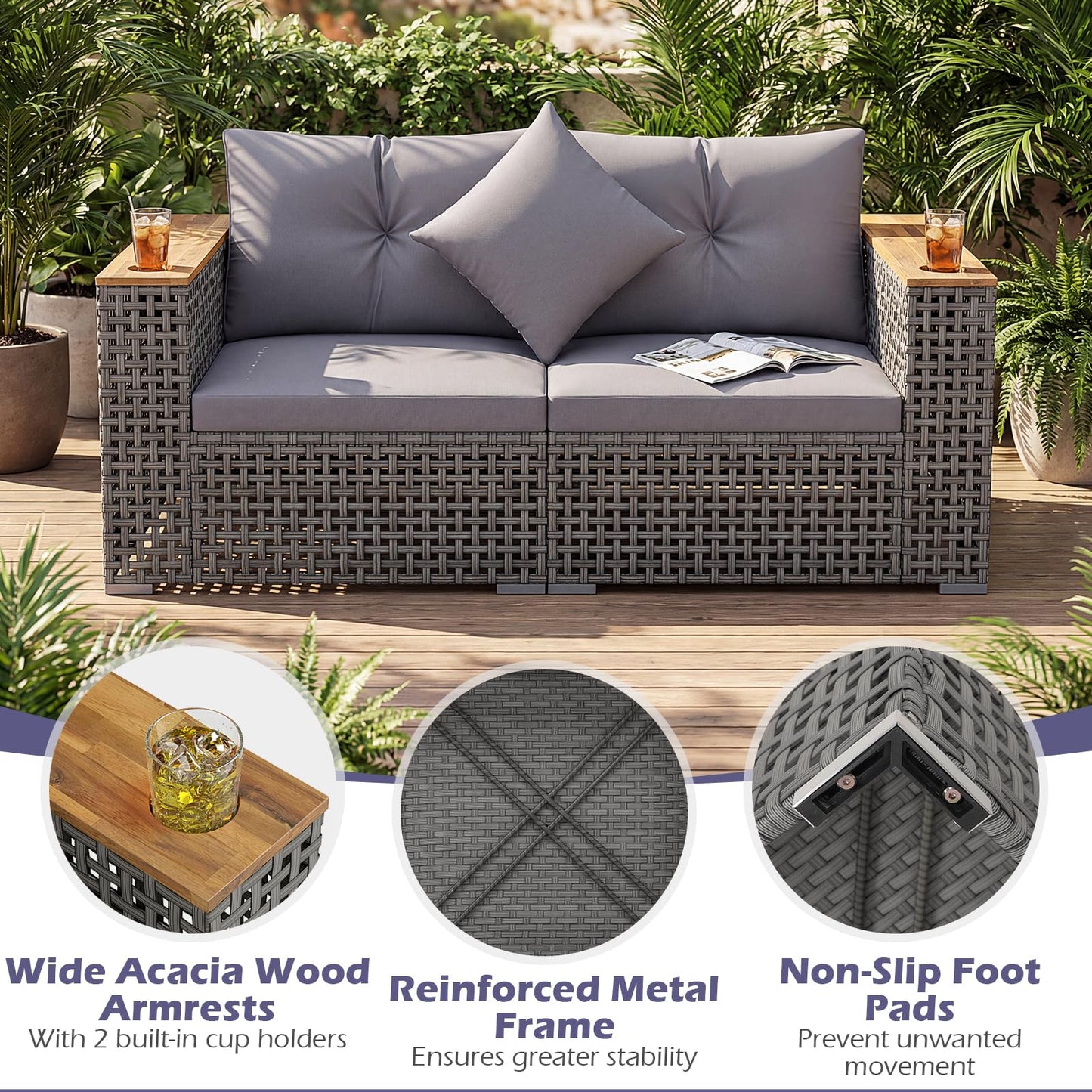 Tangkula 62.5" Large Patio Wicker Loveseat with Acacia Wood Armrests & Cup Holders