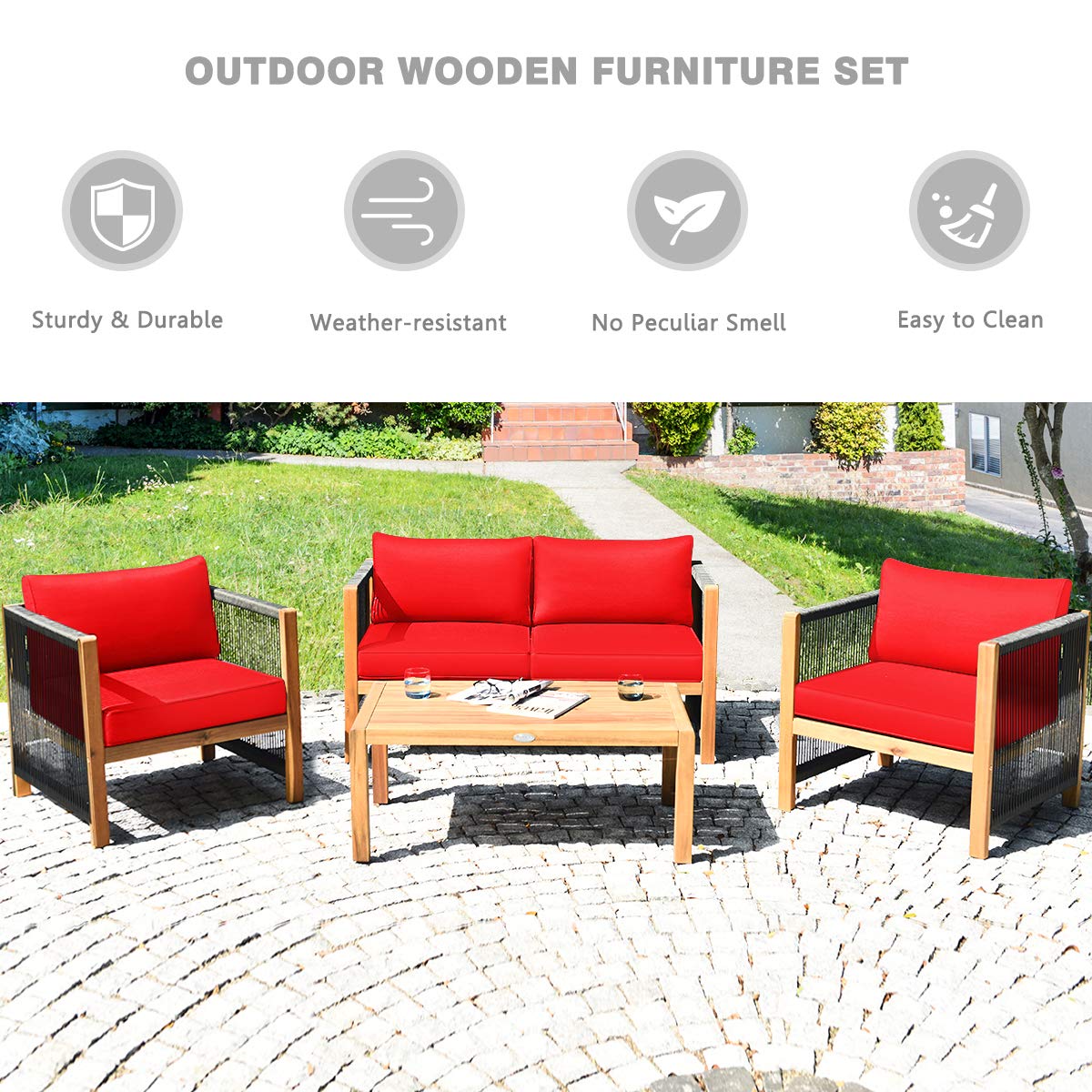 Outdoor Wood Furniture Set, Acacia Wood Frame Loveseat Sofa, 2 Single Chairs and Coffee Table