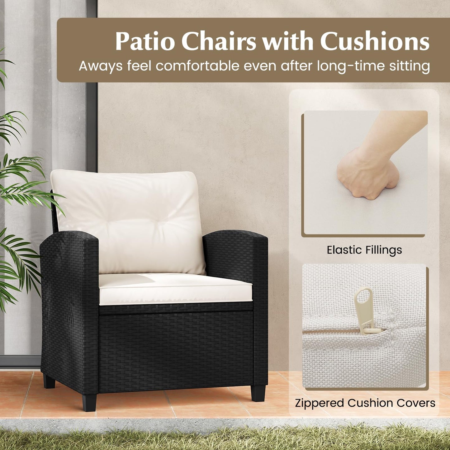 Tangkula 3 Piece Patio Furniture Set, Rattan Conversation Set w/Soft Seat & Back Cushions