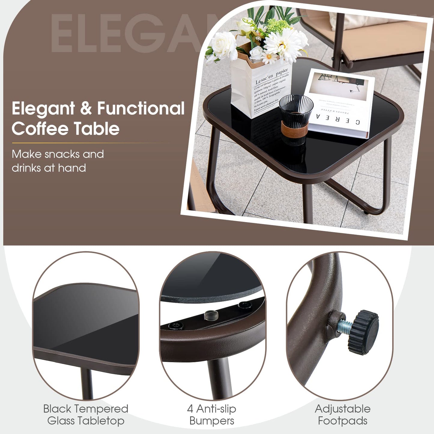Tangkula 3 Pieces Patio Conversation Set, Outdoor Metal Chair & Table Set, Breathable Fabric & Tempered Glass Tabletop