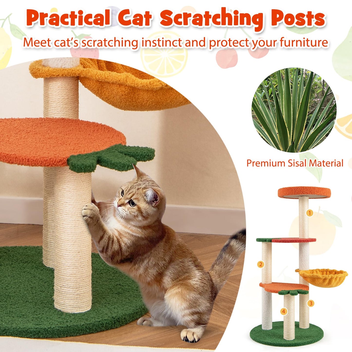 Tangkula Fruit Cat Tree Multi-Level Cute Cat Tower with Sisal Scratching Posts