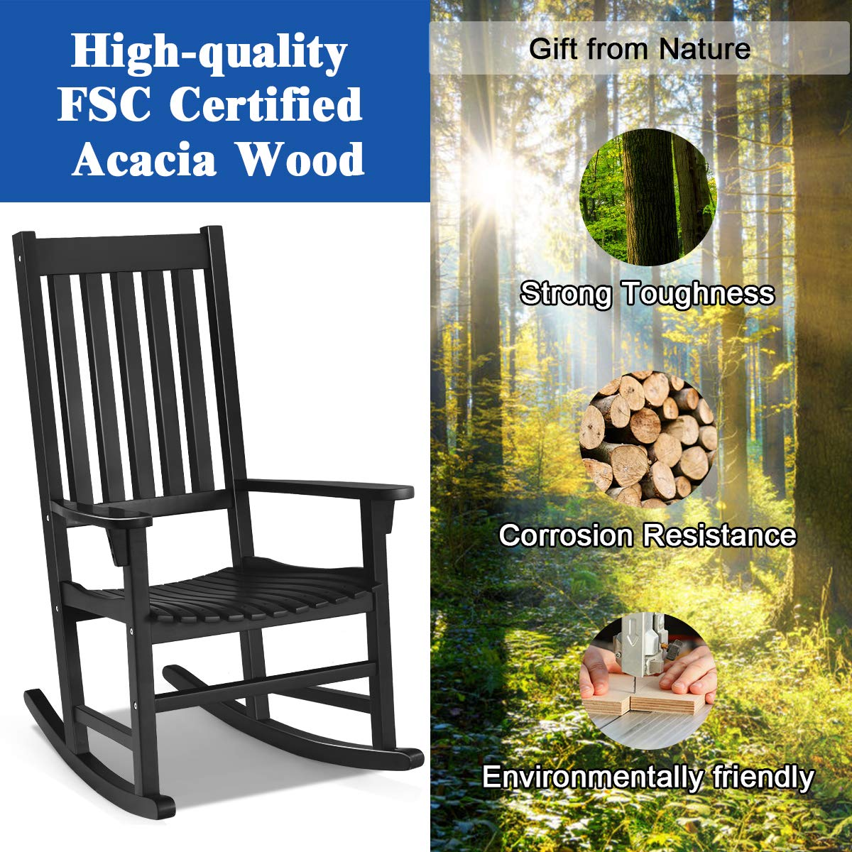 Acacia Wood Porch Rocking Chair, Wooden Rocking Chair Rocker with High Back & Armrest