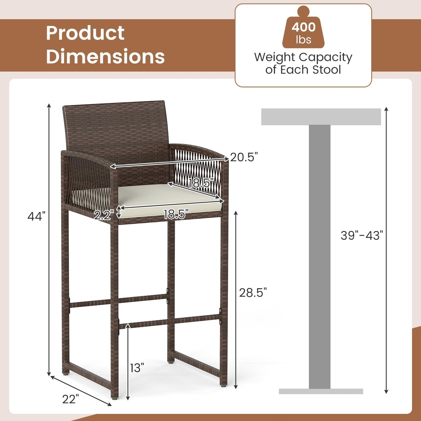 Tangkula Patio Bar Stools Set of 2/4 PE Rattan Bar Height Chairs