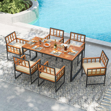 Tangkula Ensemble repas de patio 7 pièces, table et chaises d'extérieur en bois d'acacia avec coussins moelleux et trou pour parasol
