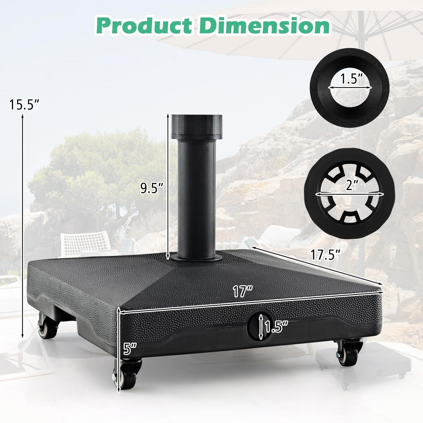 Tangkula Patio Umbrella Base, Heavy-Duty 54 lbs Market Stand w/4 Universal Wheels, 2 Receivers, Square Pole Stand