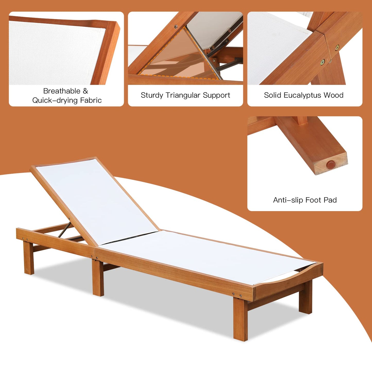 Tangkula Outdoor Wood Chaise Lounge Chair with 5 Position Adjustable Back
