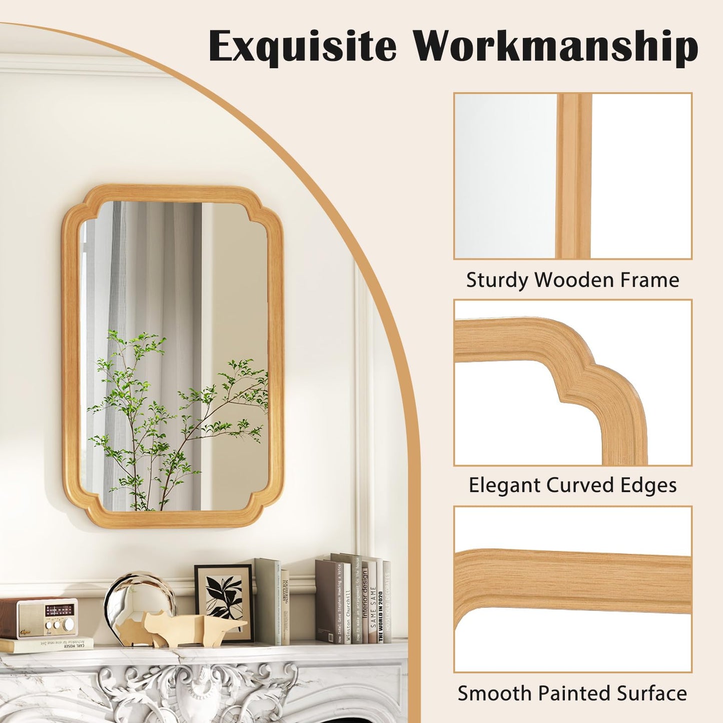 Tangkula Rounded Corner Arch Wall Mirror for Bathroom Living Room Entryway Bedroom