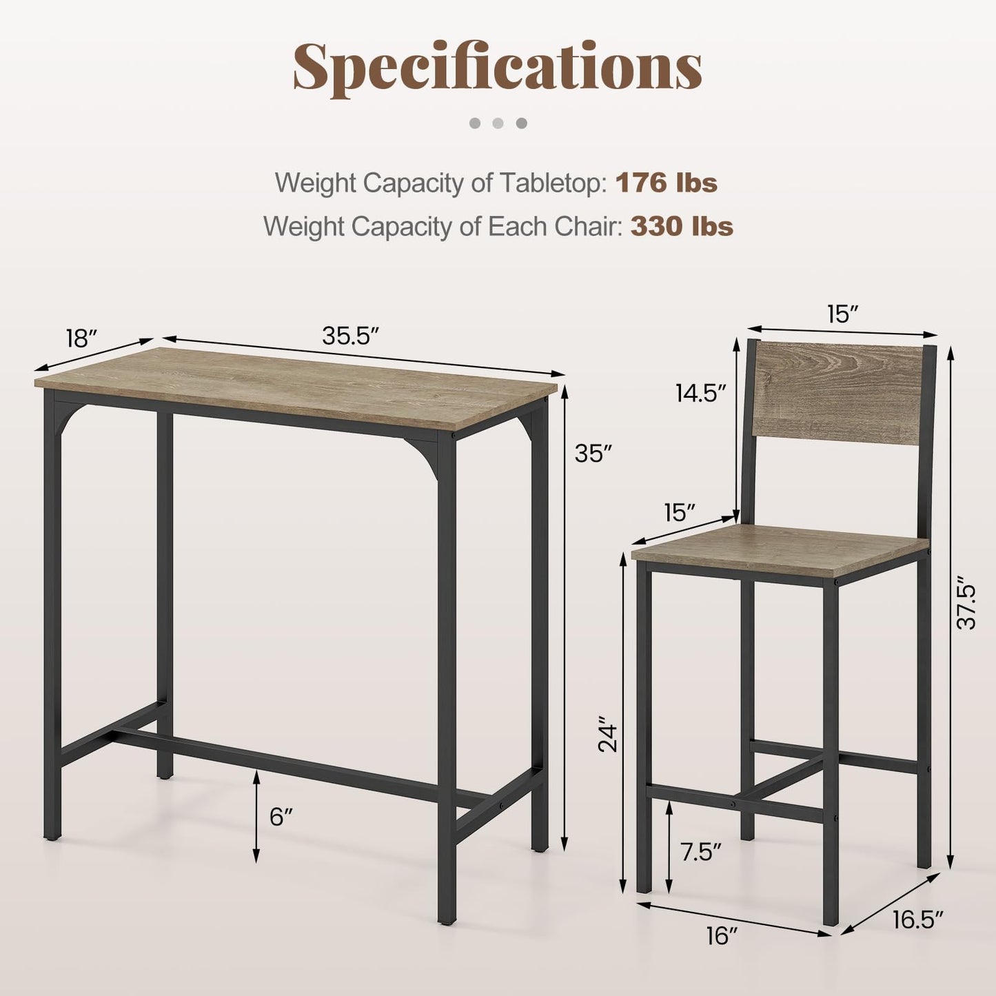 Tangkula 3 Piece Counter Height Bar Table Set Pub Table and Chairs