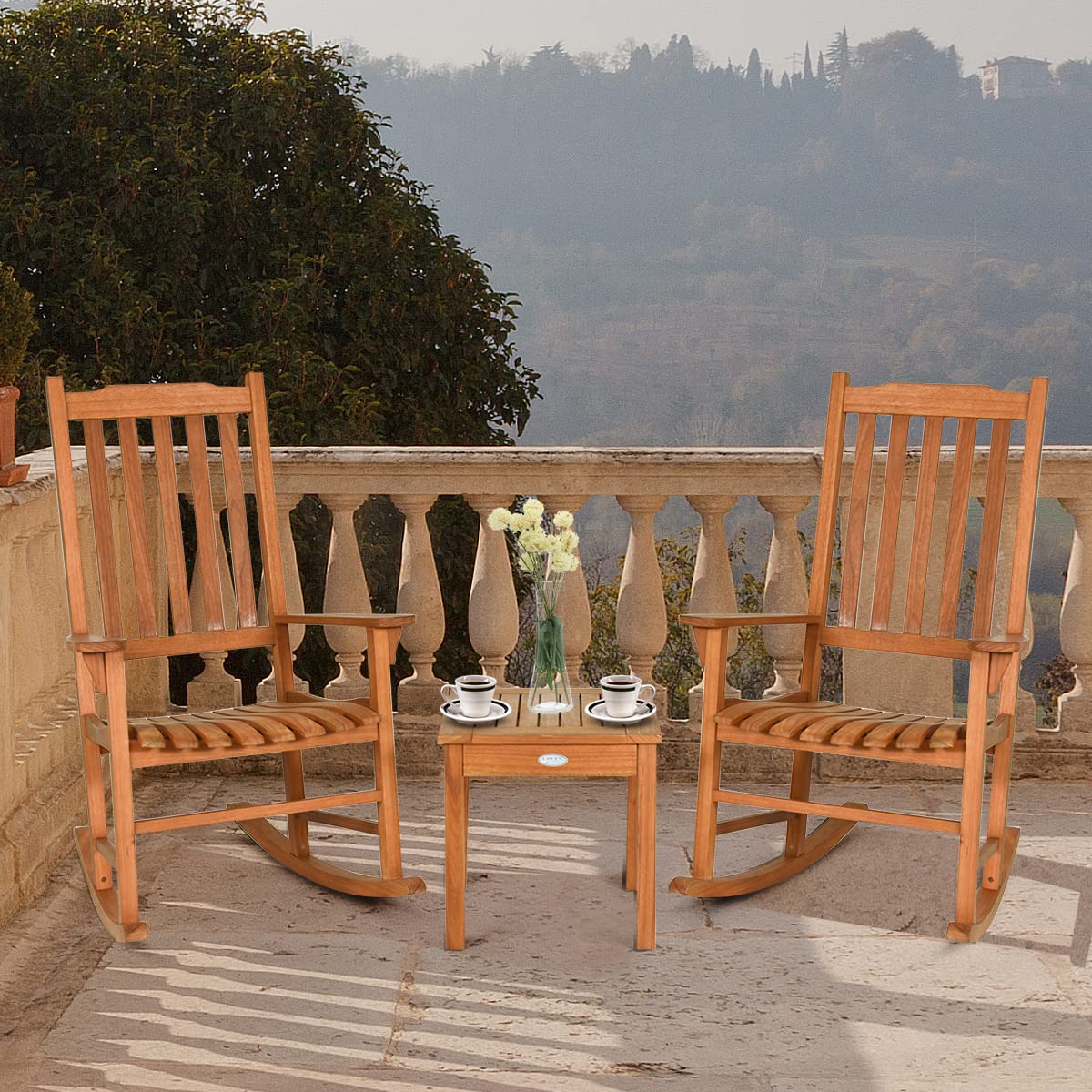 3 Piece Patio Rocking Bistro Set, 2 Rockers and 1 Coffee Table, Outdoor Rocking Chair Set