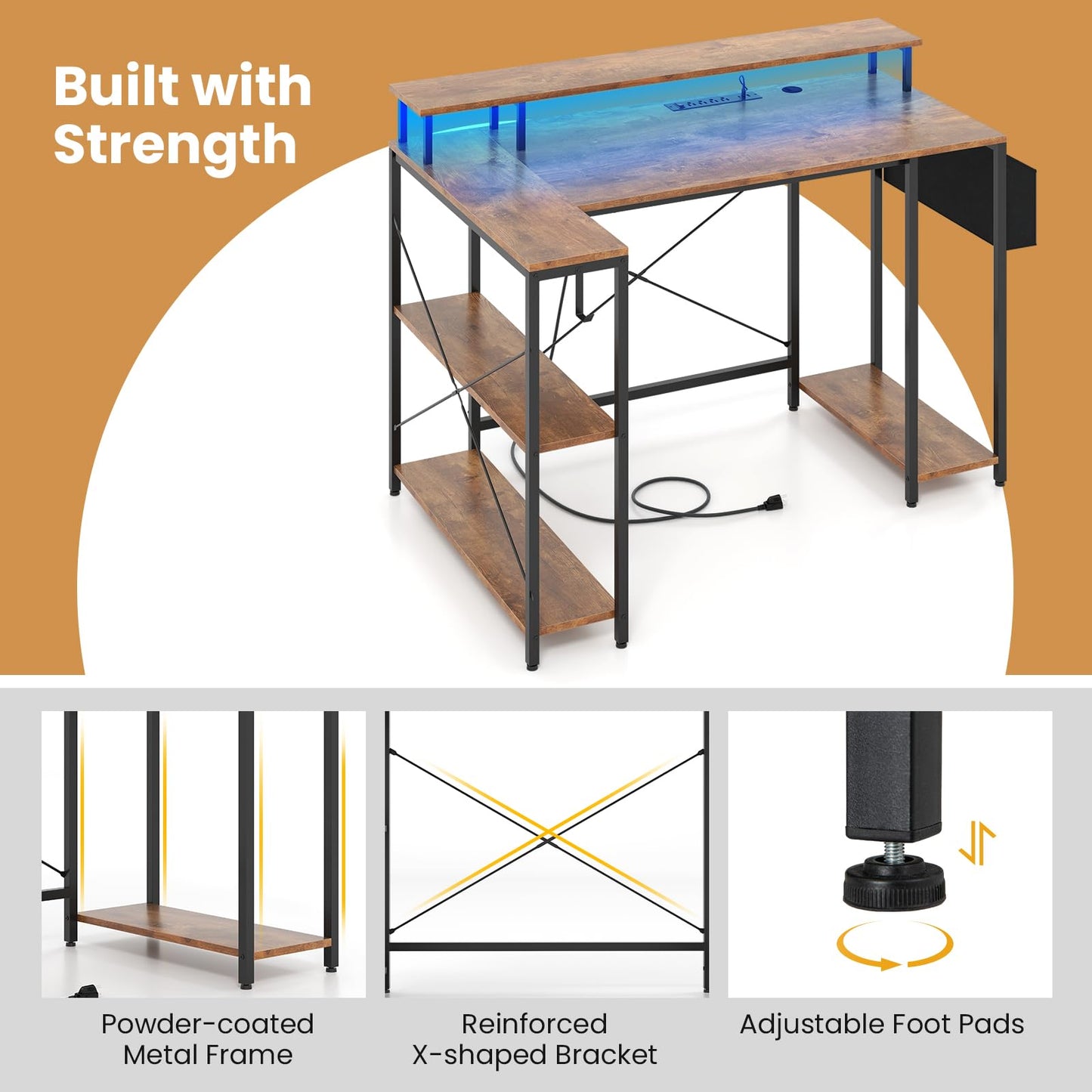 Tangkula L-Shaped Gaming Desk with LED Lights & Power Outlets