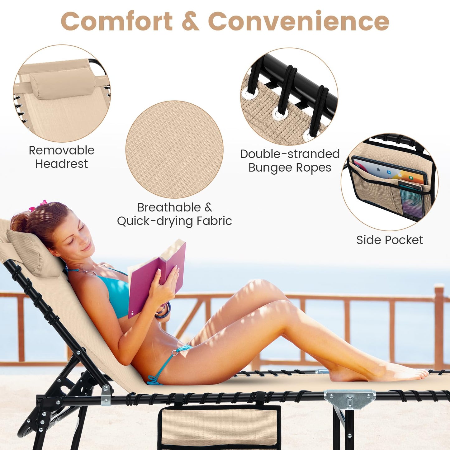 Tangkula Foldable Beach Lounge Chair for Outdoor, Reclining Chair with Removable Headrest