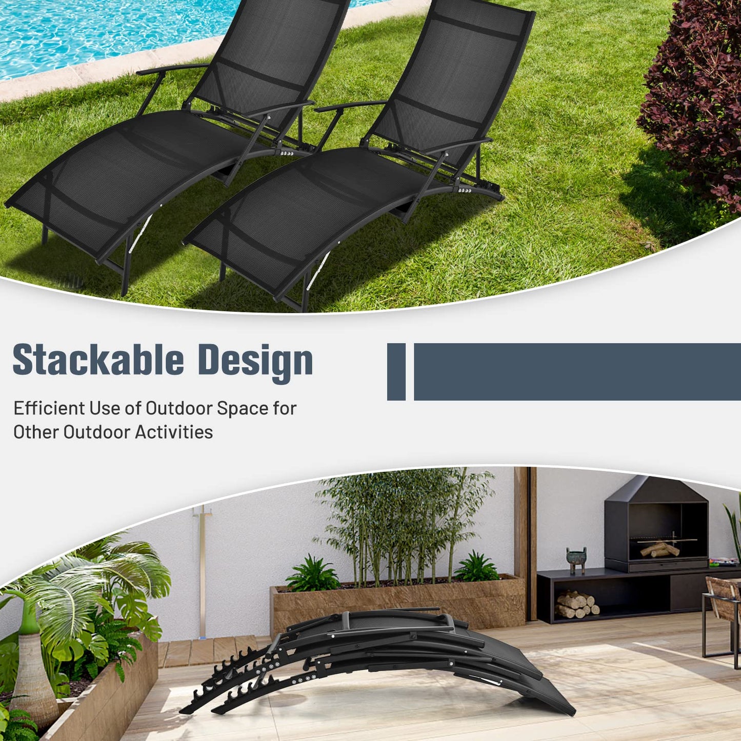 Tangkula Lot de 2 chaises longues de jardin pliables et empilables pour l'extérieur