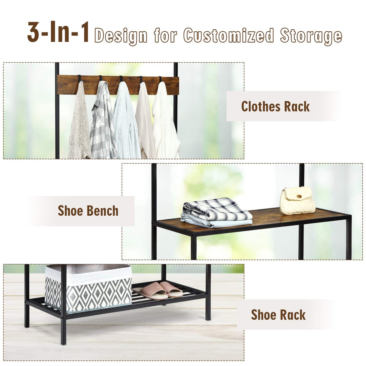 Tangkula 3 In 1 Entryway Hall Tree with Coat Rack & Shoe Storage