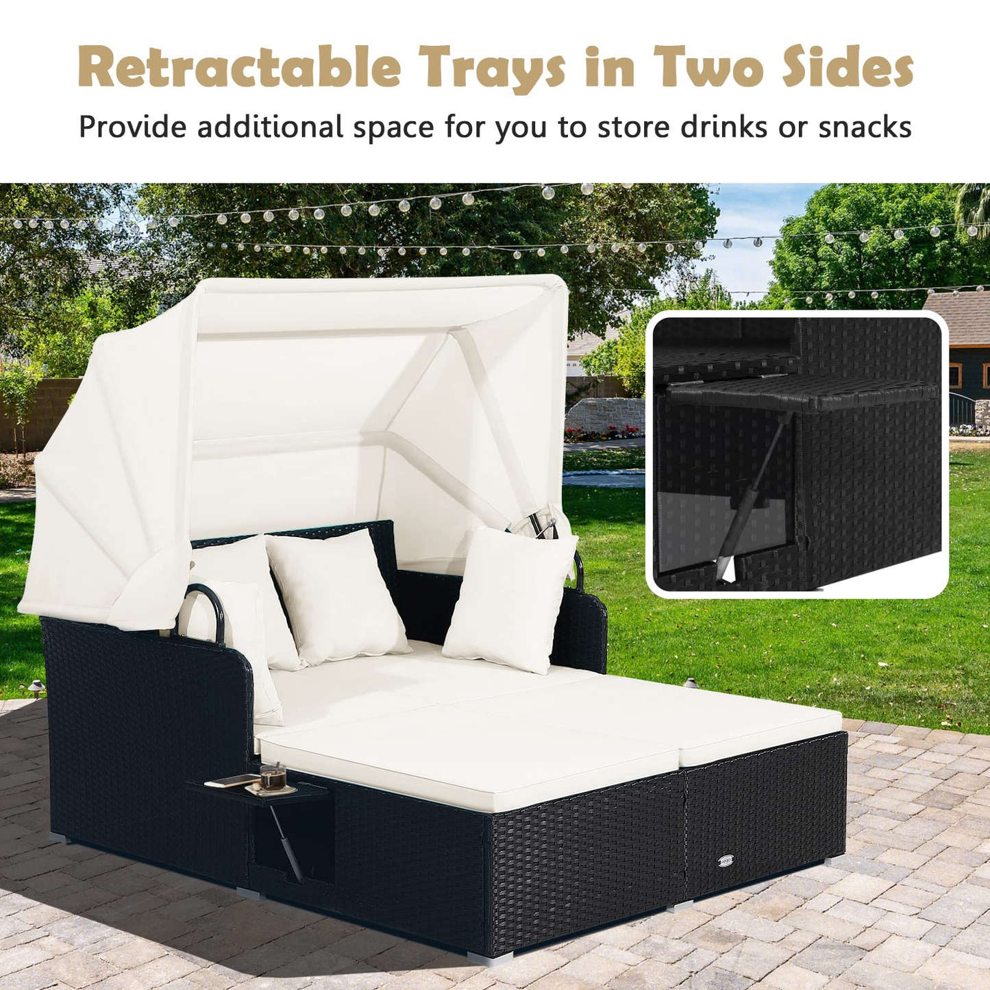 Tangkula Patio Rattan Daybed, Patiojoy Wicker Daybed Loungerw/Retractable Canopy, 2 Foldable Side Panels
