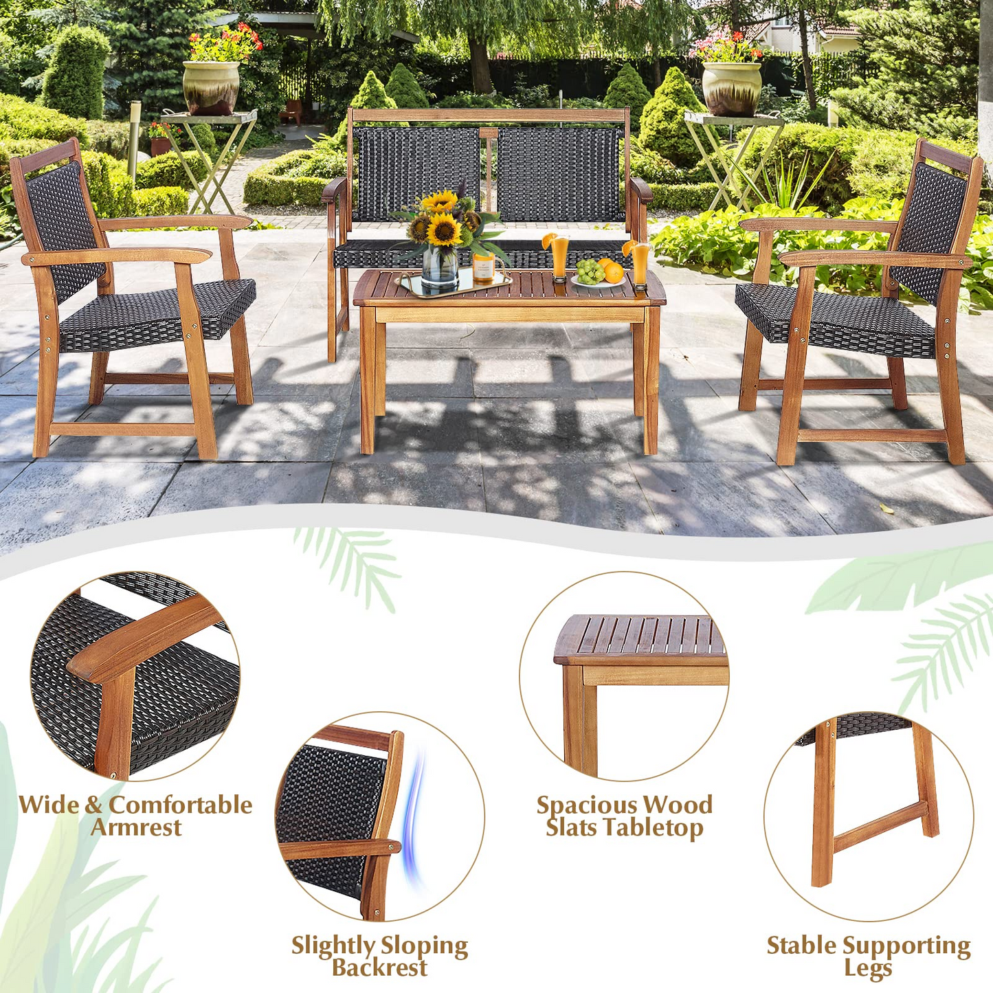 Tangkula 4 Pieces Patio Rattan Conversation Set with Acacia Wood Frame, Patiojoy Outdoor Furniture Set with Chairs & Coffee Table