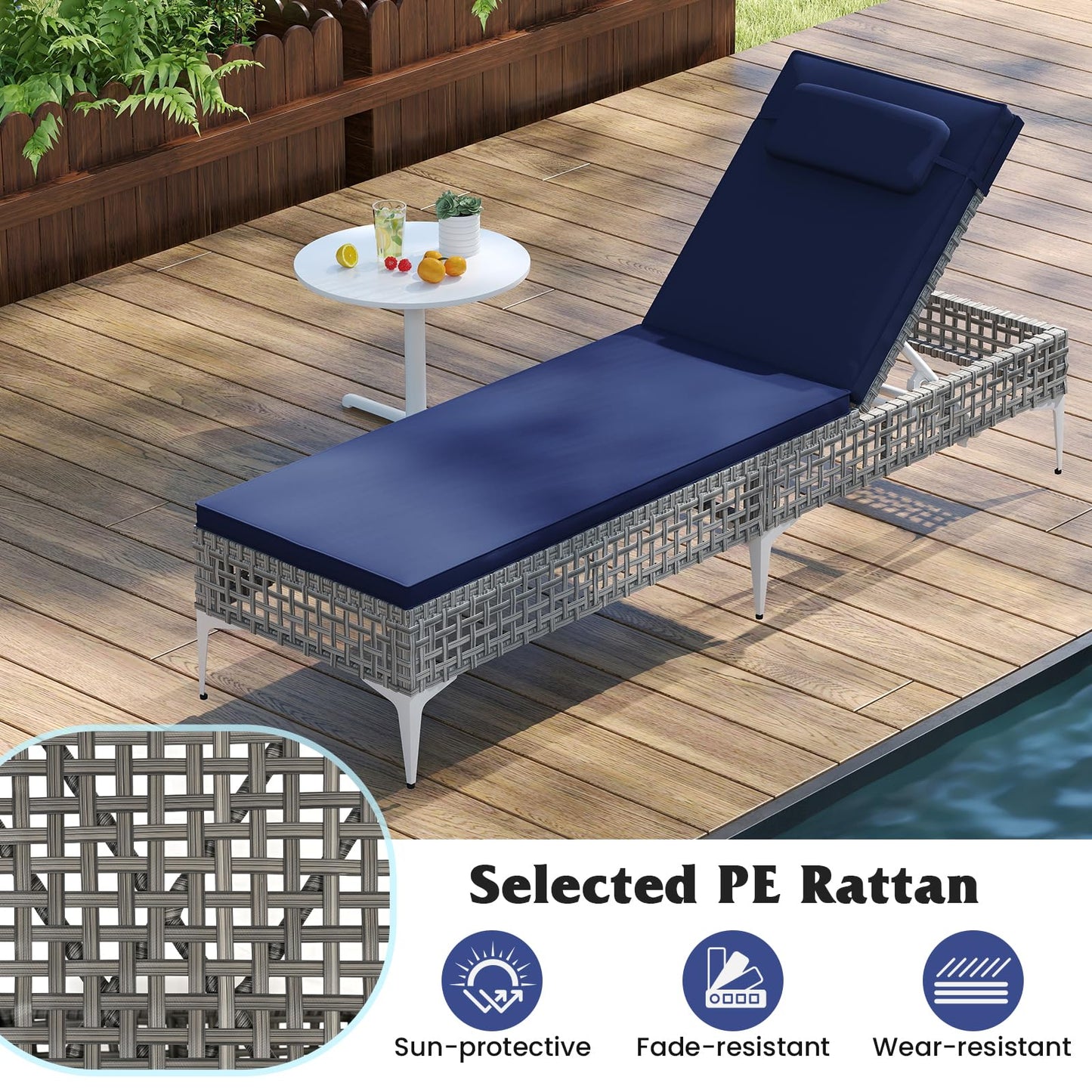 Tangkula Patio Chaise Lounge Chair PE Wicker Reclining Sun Lounger with 6-Level Adjustable Backrest