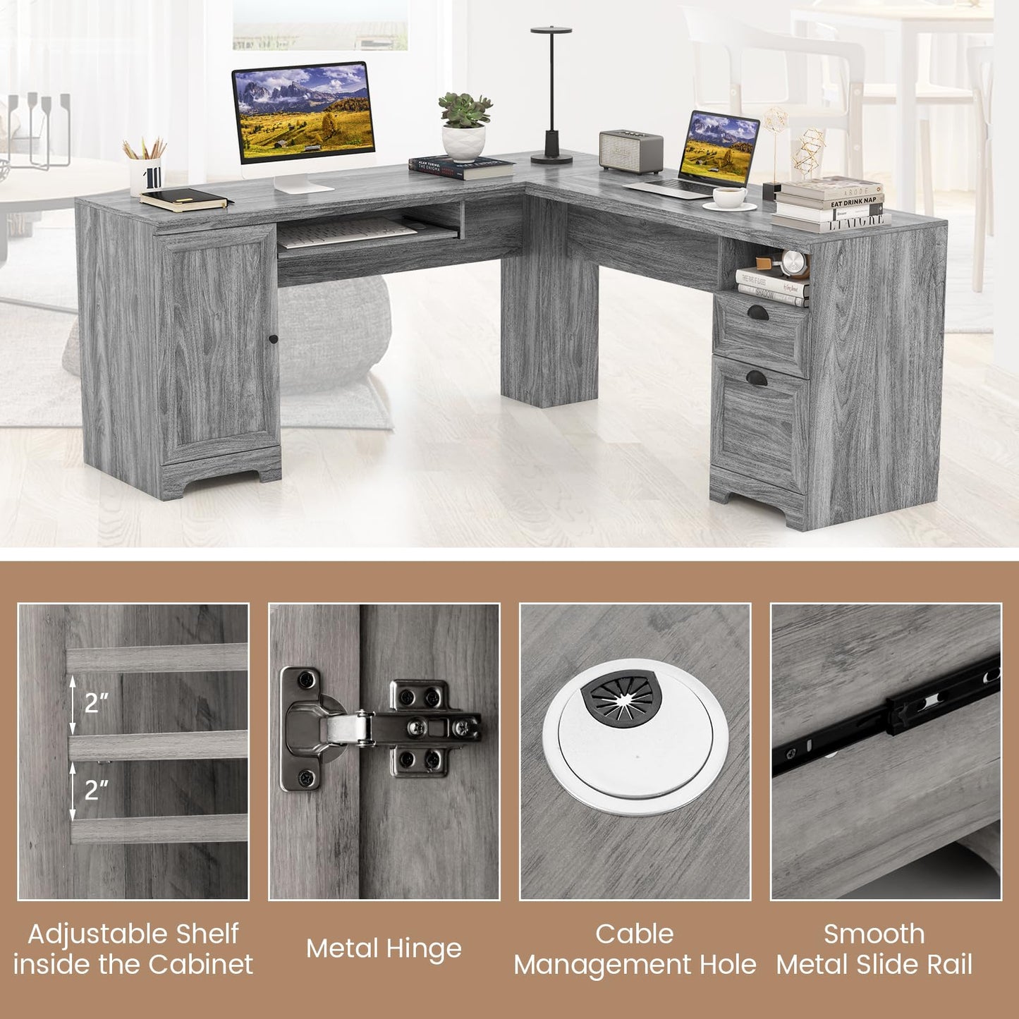 Tangkula L Shaped Desk with Drawers and Storage Shelf