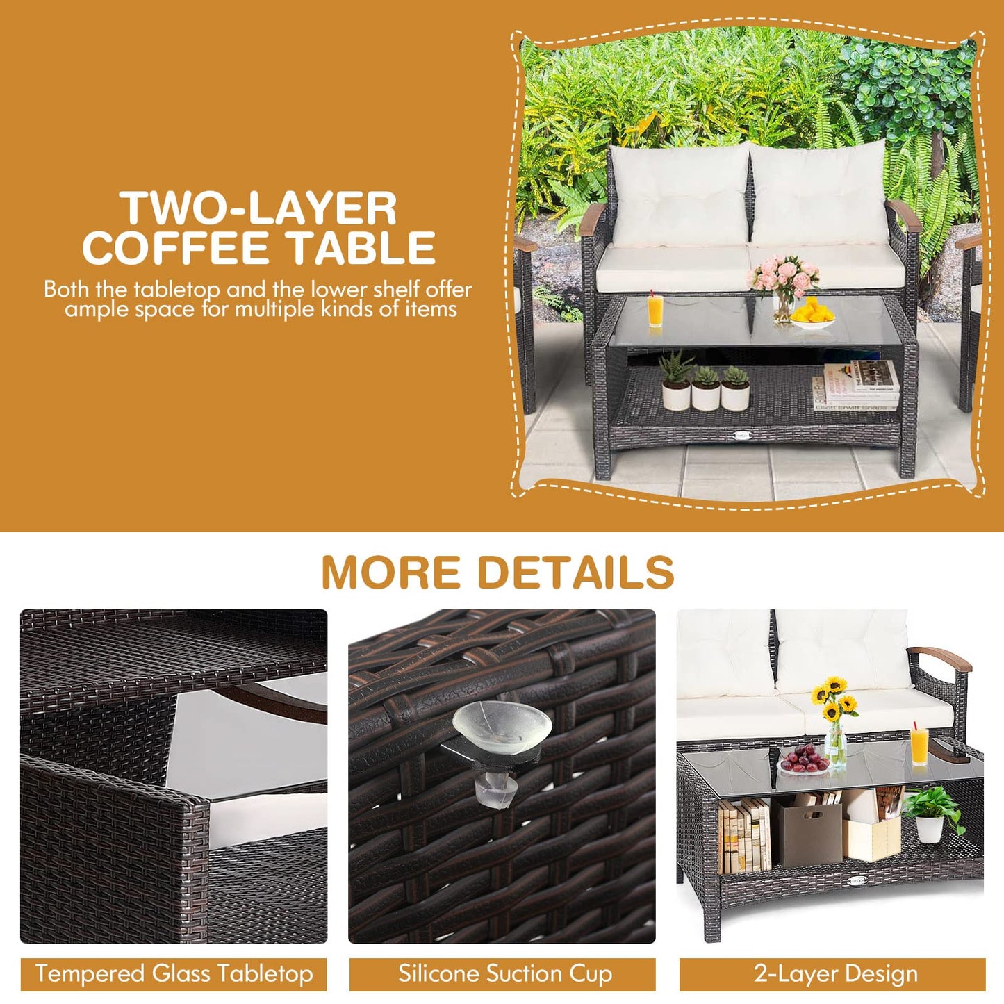 4 Piece Patio Rattan Conversation Set, Outdoor Wicker Sofa Set W/2-Layer Coffee Table