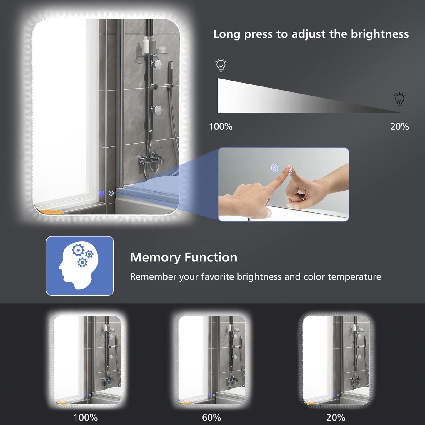 Tangkula 80CMx60CM Mirror with LED Lights with Dimmable 3 Color Temperatures