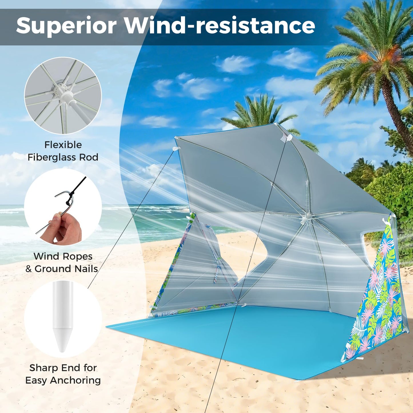 Tangkula Beach Tent for 2-4 People, 2-in-1 Beach Tent Sun Shelter with Extendable Floor