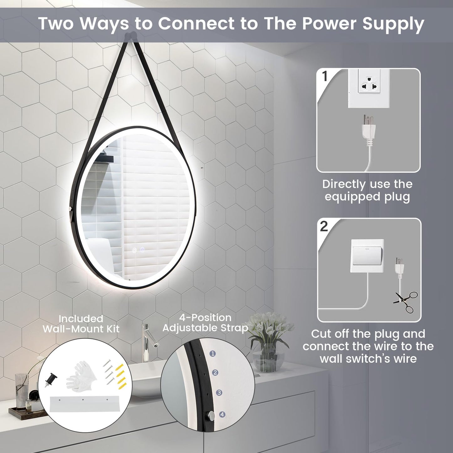 Tangkula 60CM Round LED Bathroom Mirror with Leather Strap