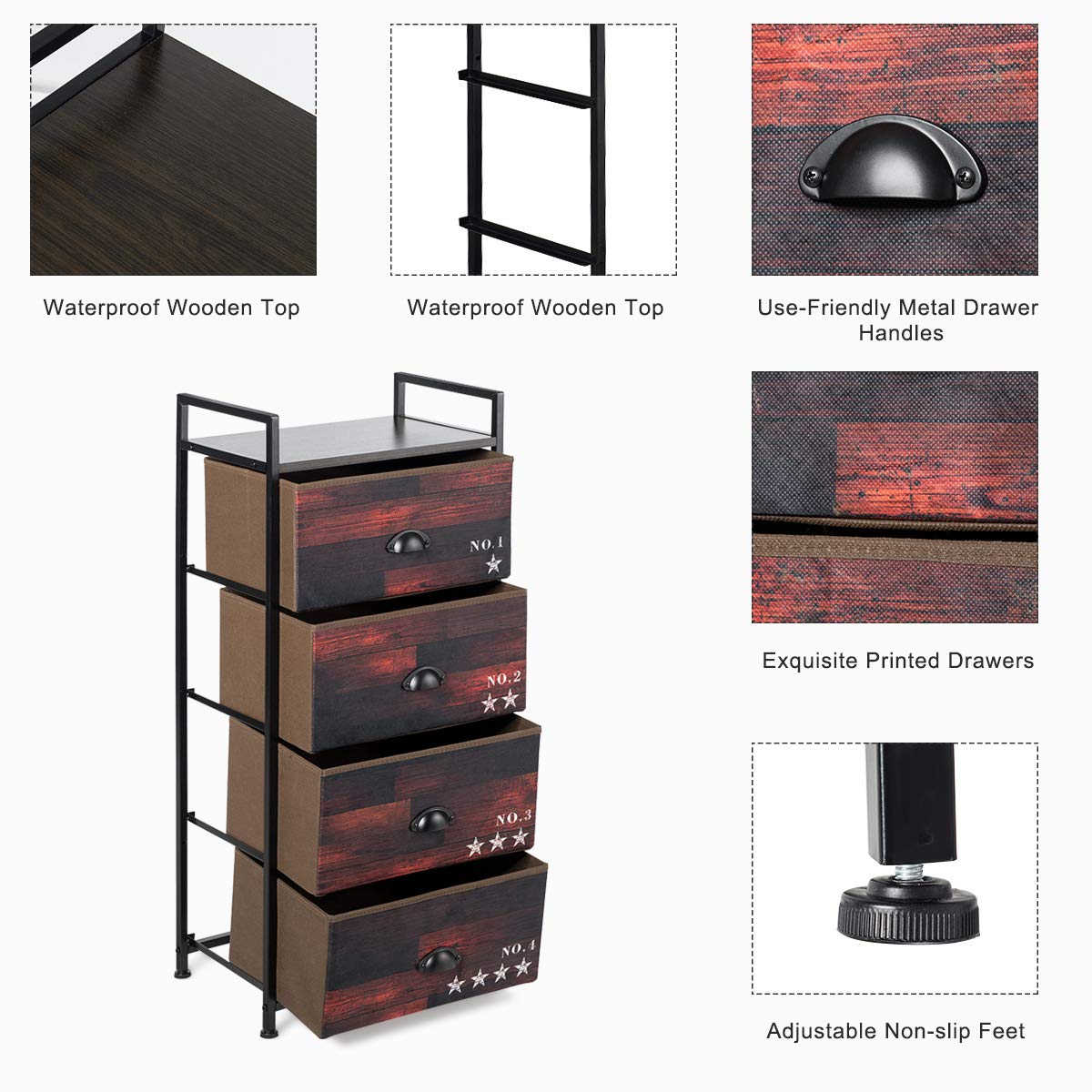 4 Drawer Dresser, Vertical Dresser Storage Tower with Fabric Drawers and Steel Frame