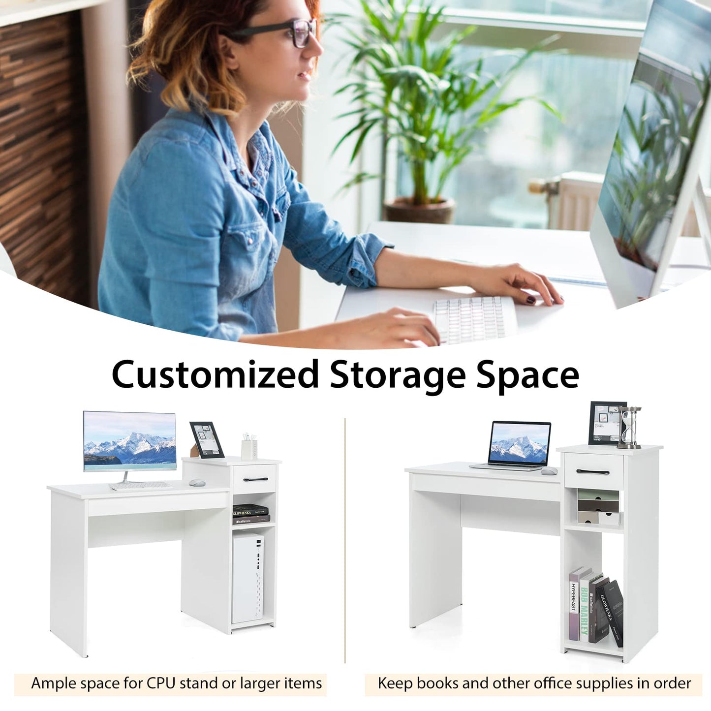 Tangkula White Desk with Drawer & CPU Stand