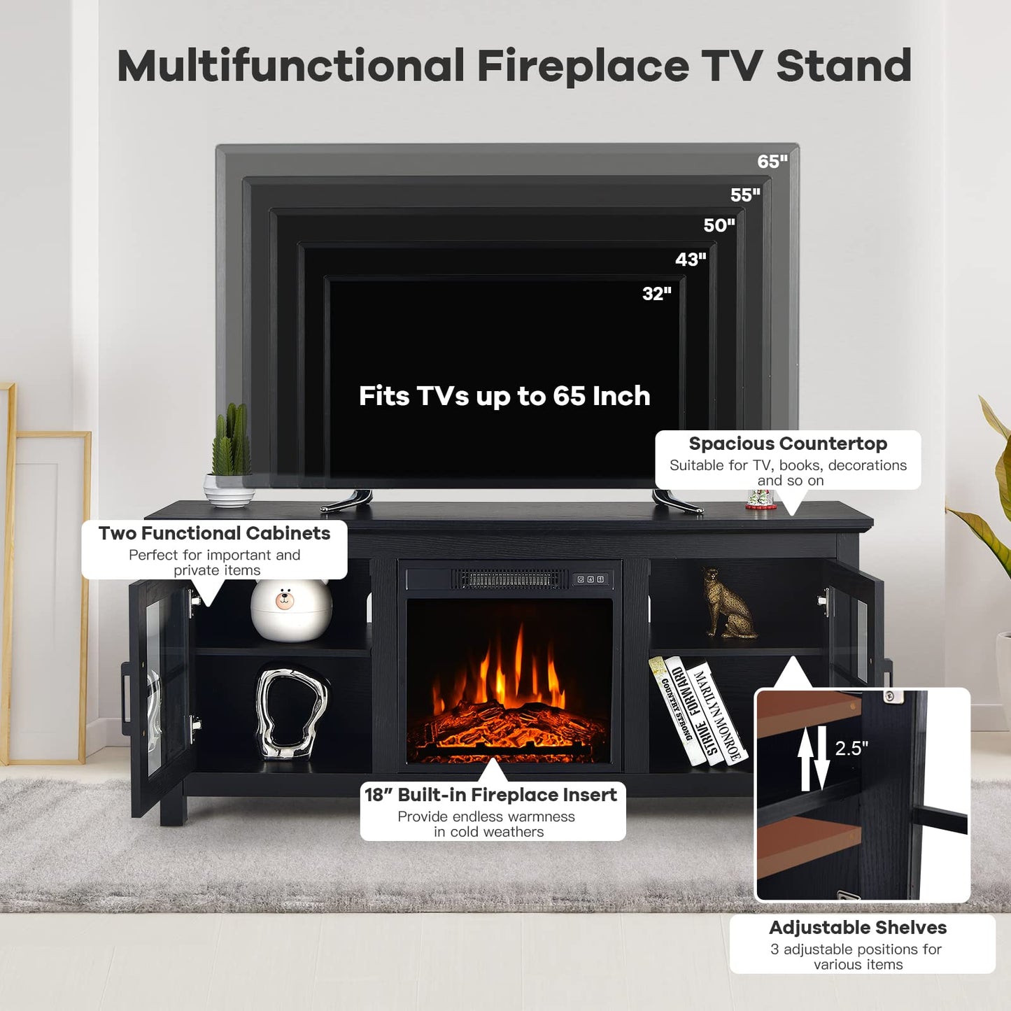 Tangkula 58 Inches TV Console with Fireplace Insert, Fireplace TV Stand for TVs up to 65 Inches