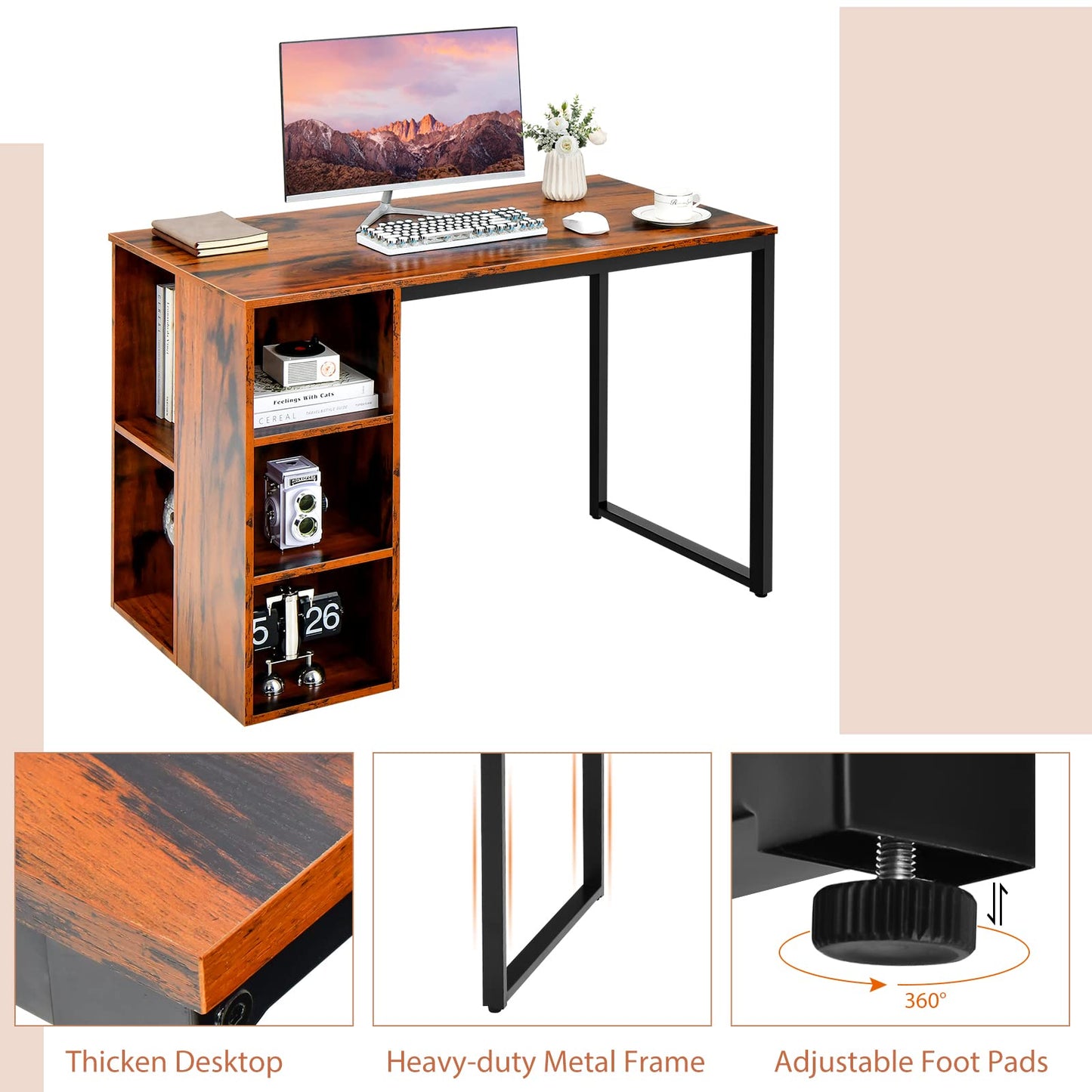 Tangkula Computer Desk with Storage Shelves, Home Office Desk with 5 Side Shelves & Metal Frame