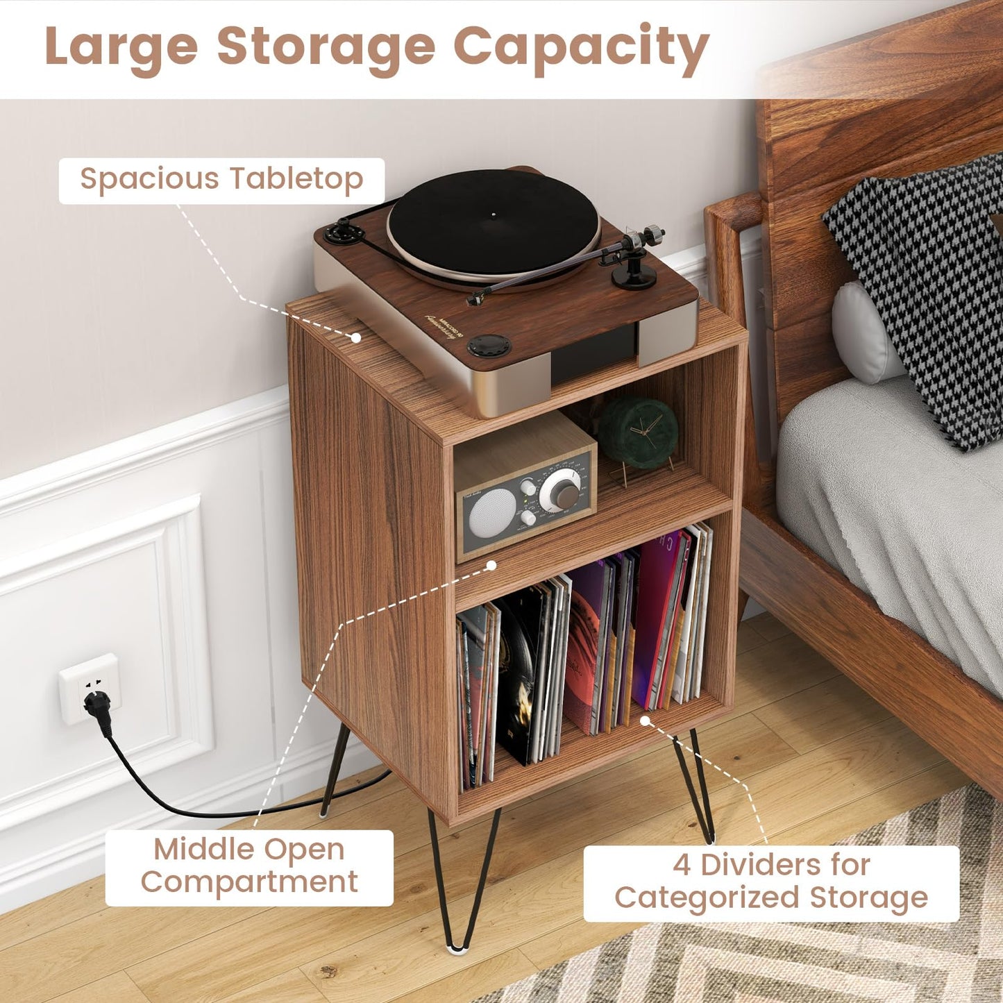 Tangkula Record Player Stand with Charging Station, Turntable Stand with Metal Legs, Vinyl Record Storage Cabinet