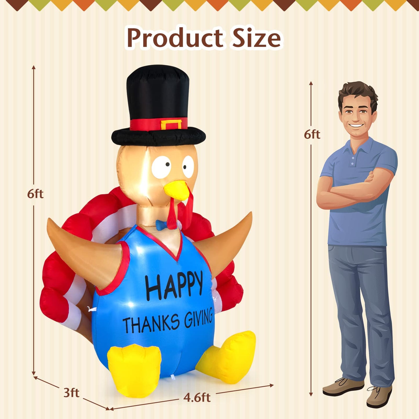 Tangkula 6 FT Thanksgiving Inflatable Turkey, Lighted Thanksgiving Decorations for Lawn, Garden, Party