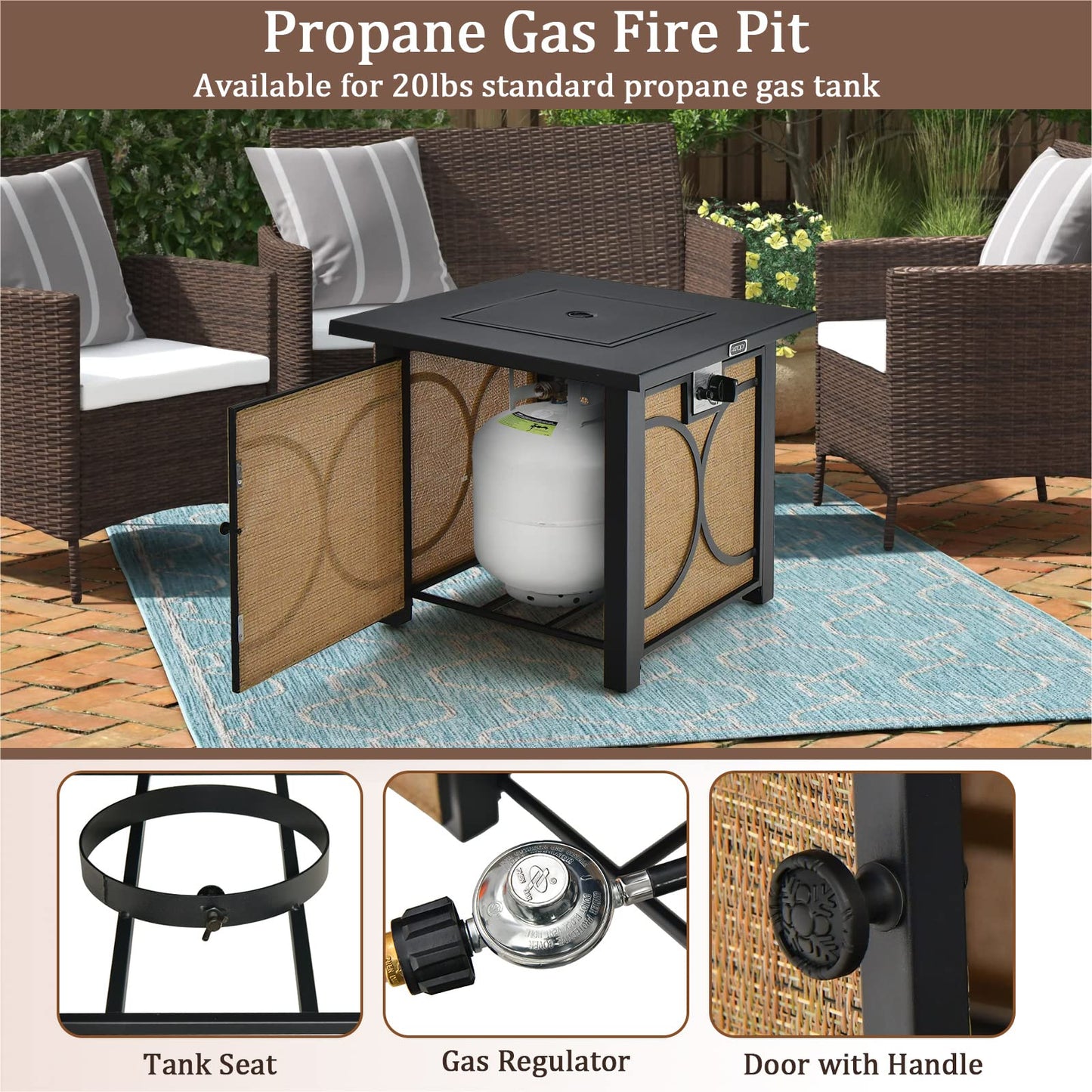 Tangkula 28 Inch Outdoor Square Fire Pit Table, Patiojoy 50,000 BTU Propane Gas Fire Table with Fire Glasses