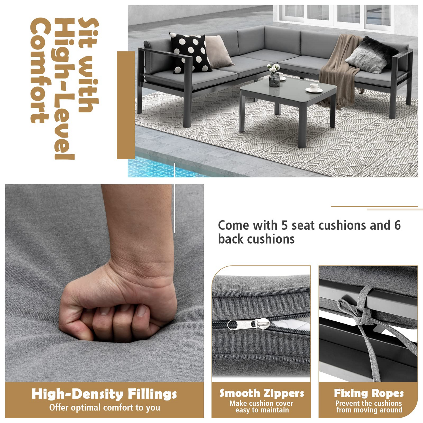 Tangkula 3 Piece Aluminum Patio Furniture Set, Patiojoy Outdoor Sectional Sofa Set with 6-Level Reclining Backrest