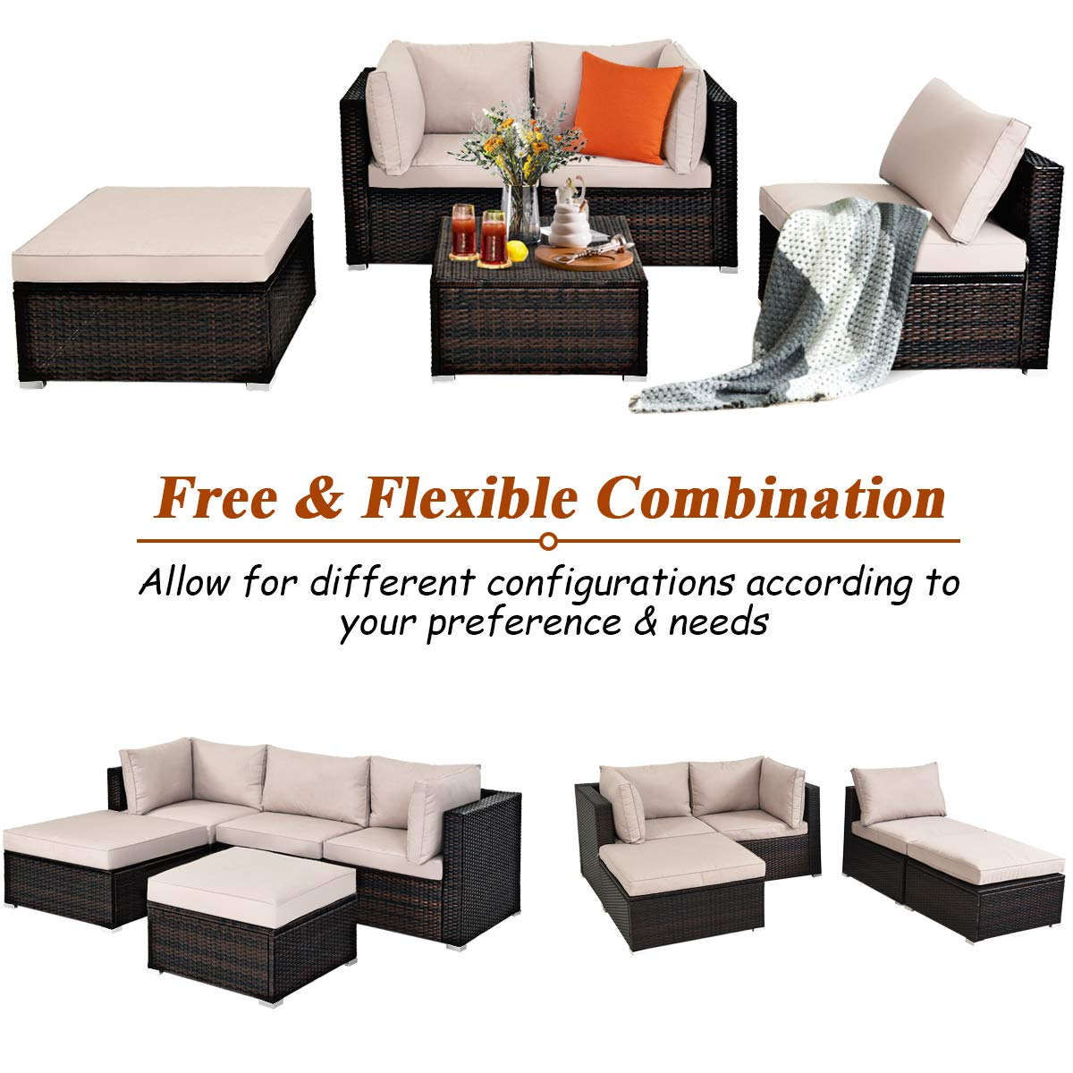 Tangkula 5 Piece Patio Furniture Set, Outdoor Sectional Rattan Sofa Set with Cushions and Coffee Table