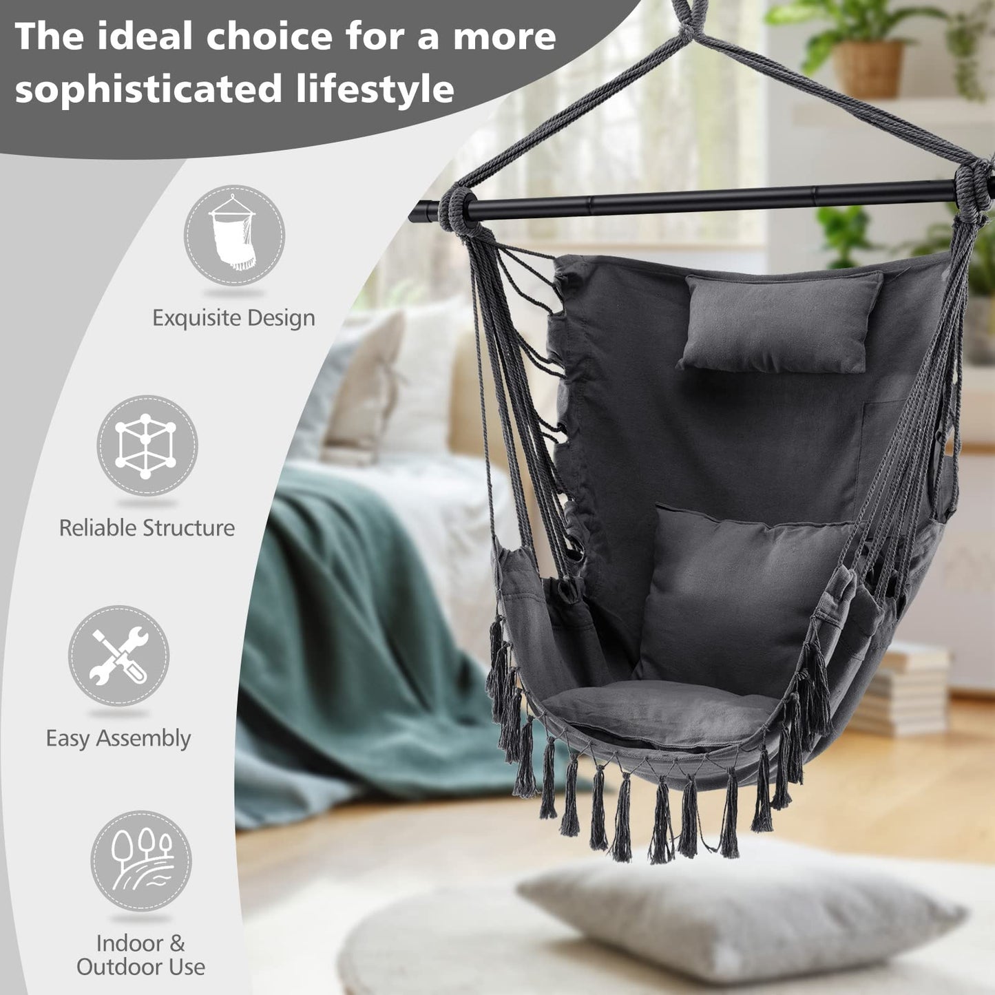 Tangkula Hammock Chair Hanging Rope Swing with Head Pillow
