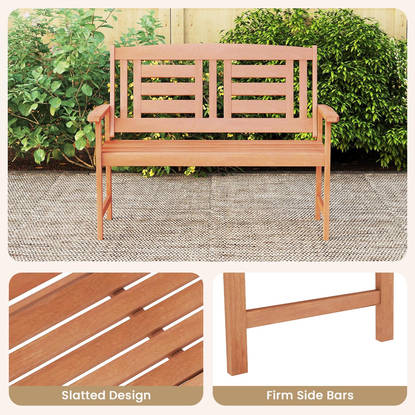 Tangkula Patio Wood Bench Garden Armrest Loveseat with Inclined Backrest