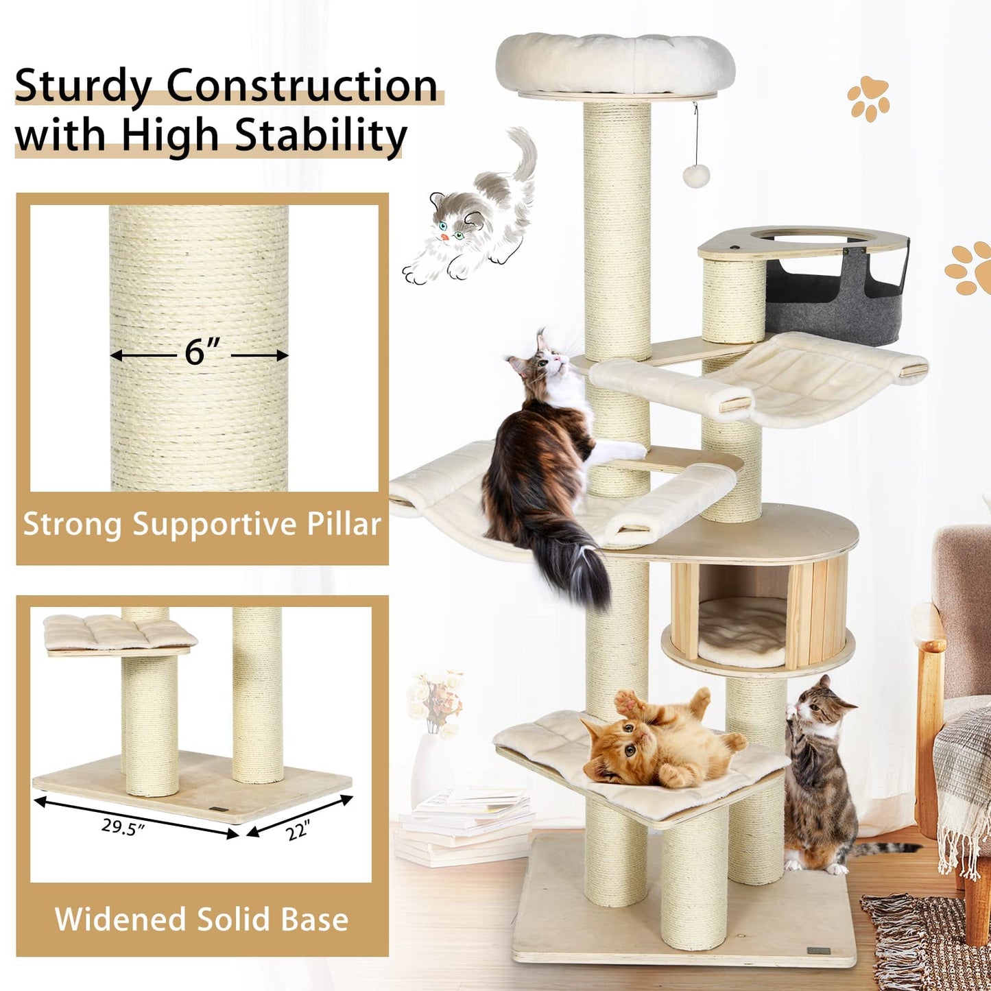 Tangkula Large Cat Tree with Sisal Scratching Posts