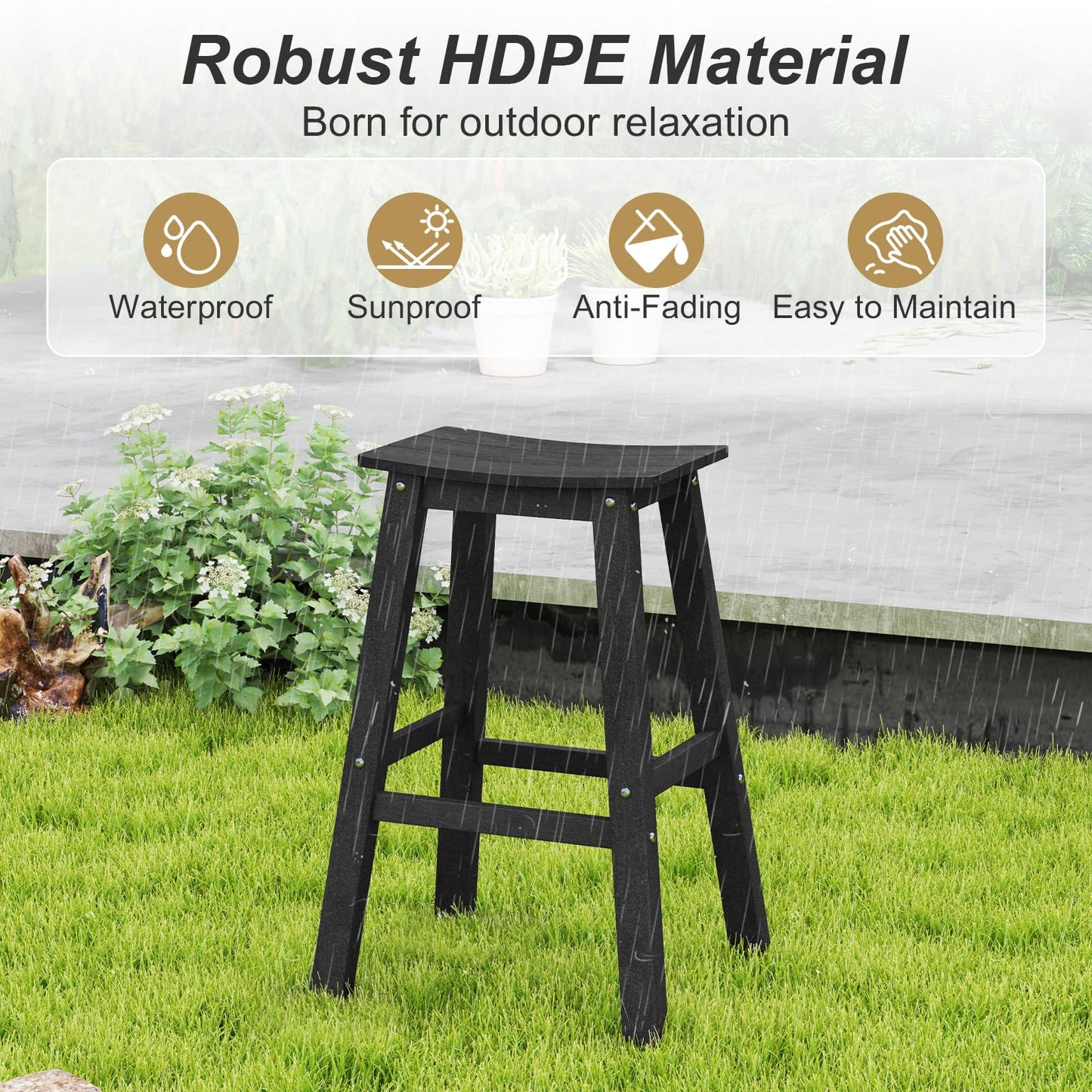 Tangkula Patio Bar Stools Set 29 Inch HDPE Bar Height Armless Saddle Stools with Curved Seat & Footrests
