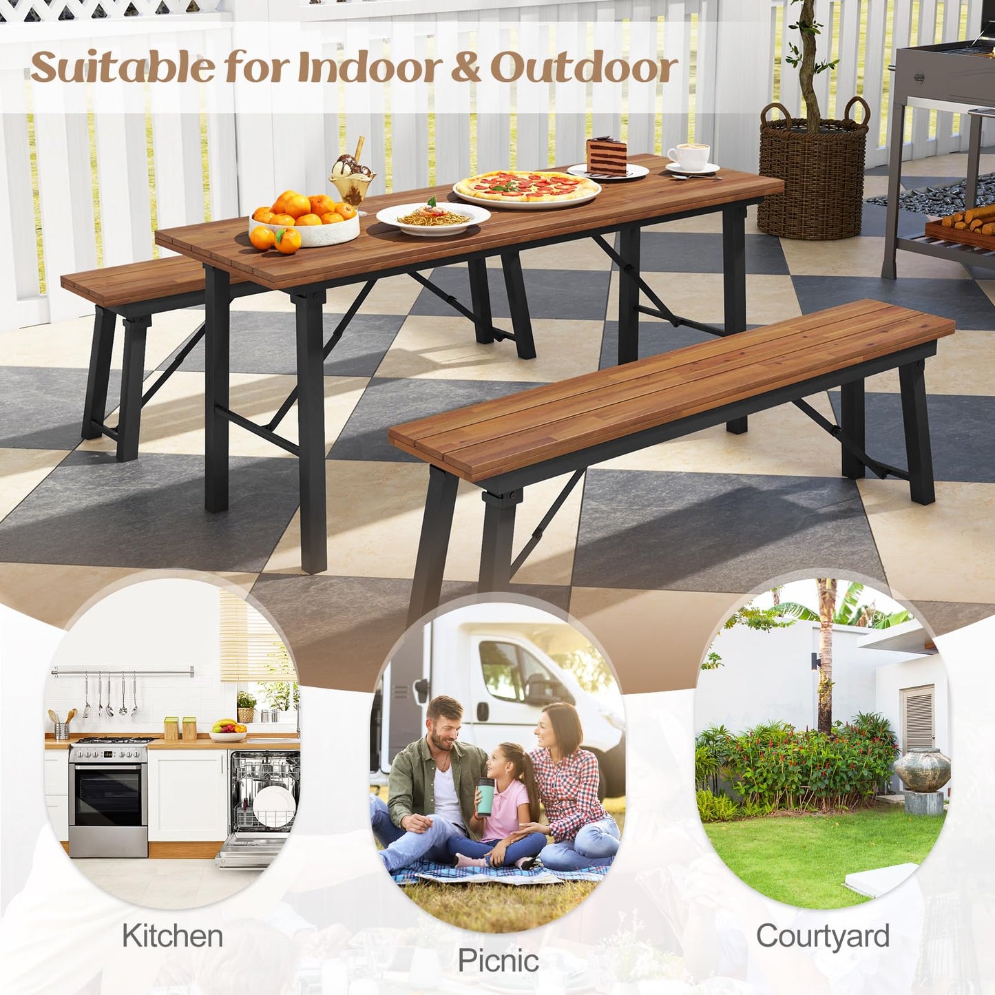 Tangkula Outdoor Dining Table for 4-6, No Assembly Foldable 59 Inches Narrow Patio Dining Table