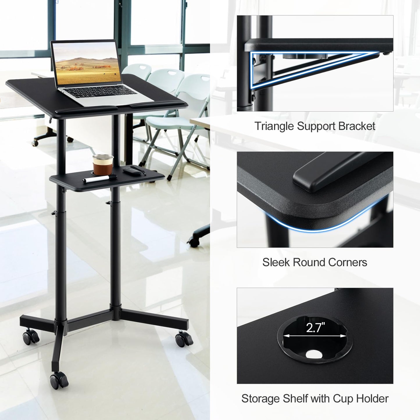 Tangkula Mobile Lectern Podium, Height-Adjustable Rolling Laptop cart with Tilting Top, Storage Tray & Cup Holder