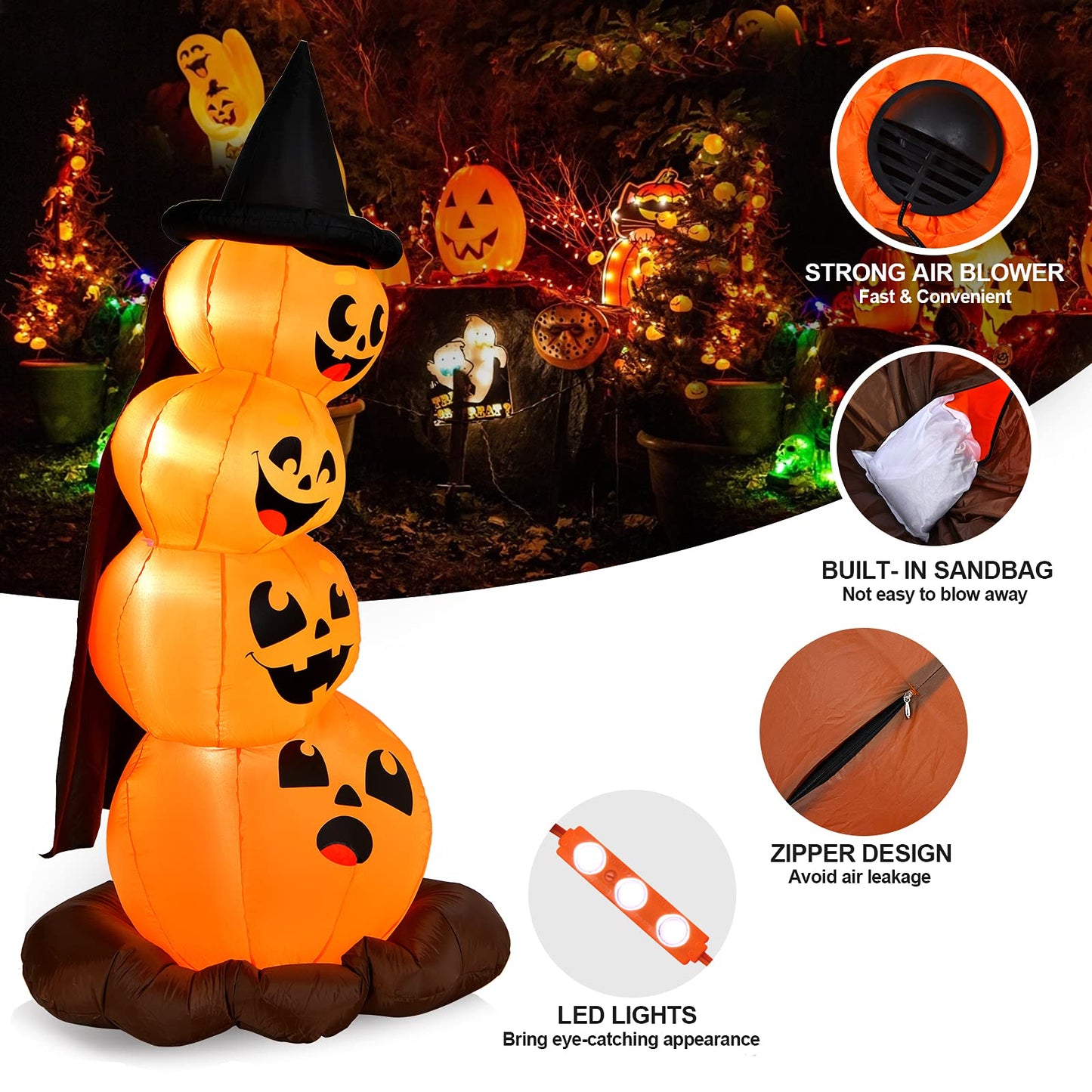 7 Ft Halloween Inflatable Stacked Pumpkins with Build-in LED Lights & Blower