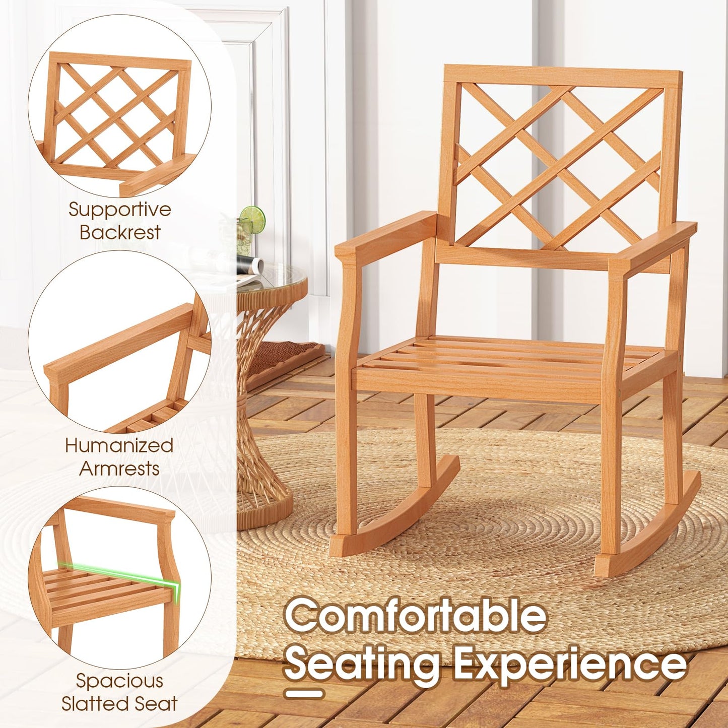 Tangkula Teak Wood Rocking Chair, Oversized Porch Rocker with Backrest and Slatted Seat(1/2, 30 x 23 x 35 Inch)