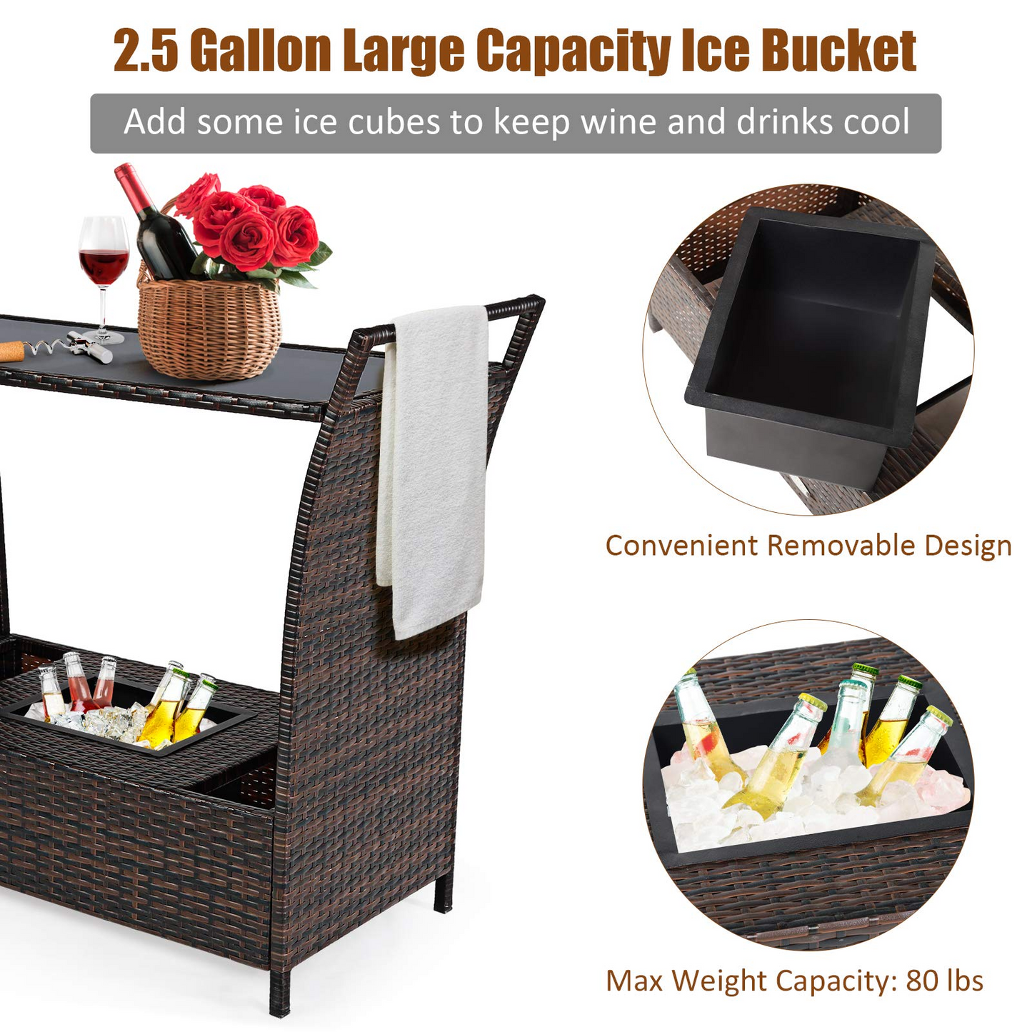 Tangkula Outdoor Wicker Bar Cart, Patio Wine Serving Cart w/Wheels & Removable Ice Bucket
