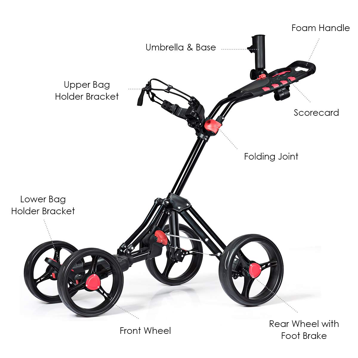 Tangkula Golf Push Pull Cart, 4 Wheels Foldable Collapsible Golf Trolley with Umbrella Holder, Foot Brake, Scorecard & Drink Holder